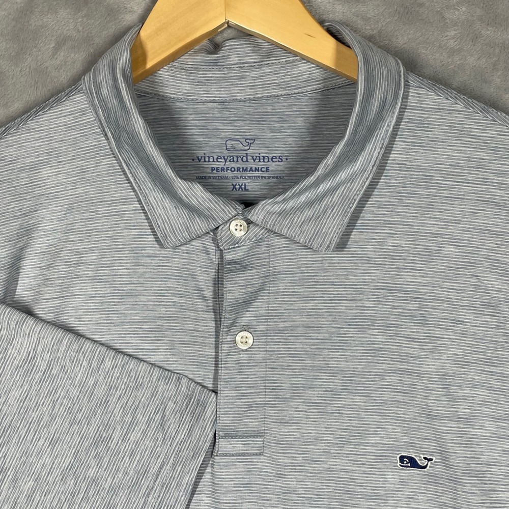 Vineyard Vines Performance Polo Shirt Mens XXL Grey White Striped Short Sleeve